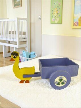 HANDCRAFTED -- Wooden Duck w/Purple Cart, Tulip Detail on Wheels, Decor/Storage